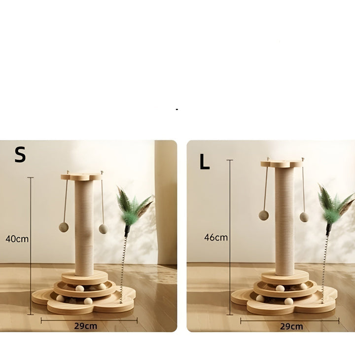 Durable 5-in-1 wooden cat toy & scratching post, offering long-lasting interactive pet enrichment.