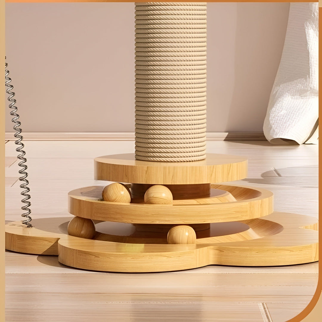 Cat playing with a wooden interactive scratching post, engaging in feline play & enrichment.