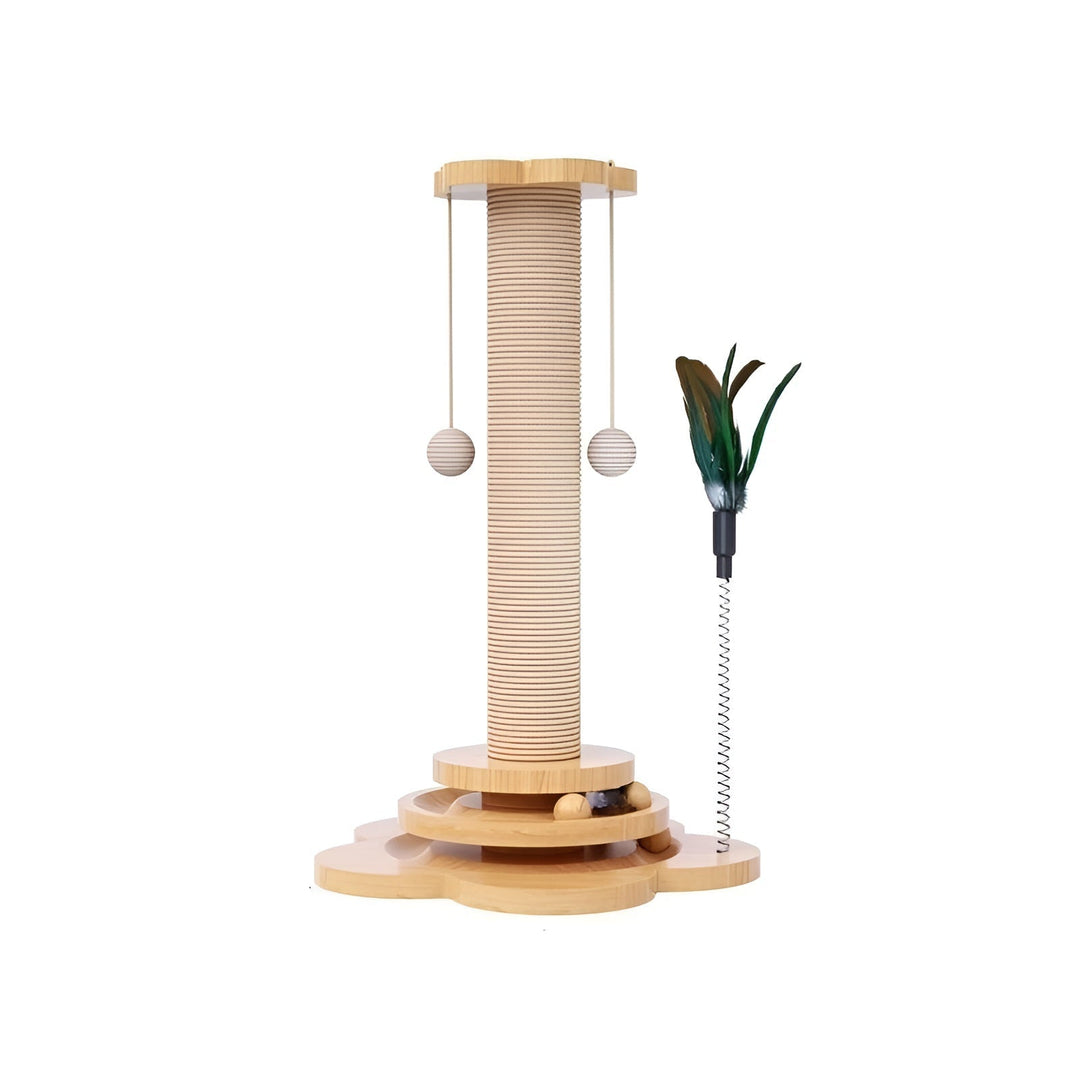 Versatile 5-in-1 wooden interactive scratching post toy, perfect for cat's play, scratch, and enrichment.