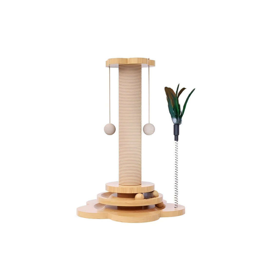 Premium pet supplies: 5-in-1 wooden interactive cat toy & scratching post for feline enrichment.