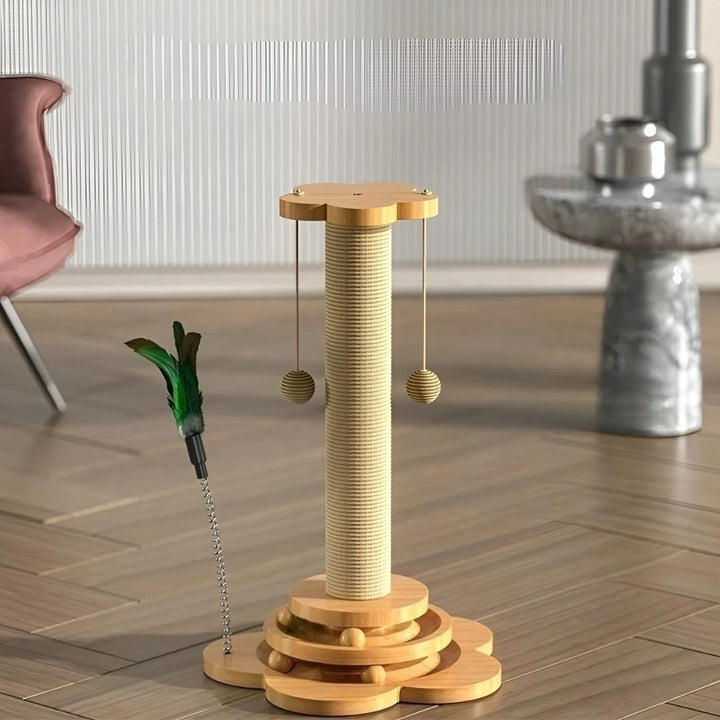 Eco-friendly wooden cat toy: a 5-in-1 interactive scratching post for durable feline play & enrichment.