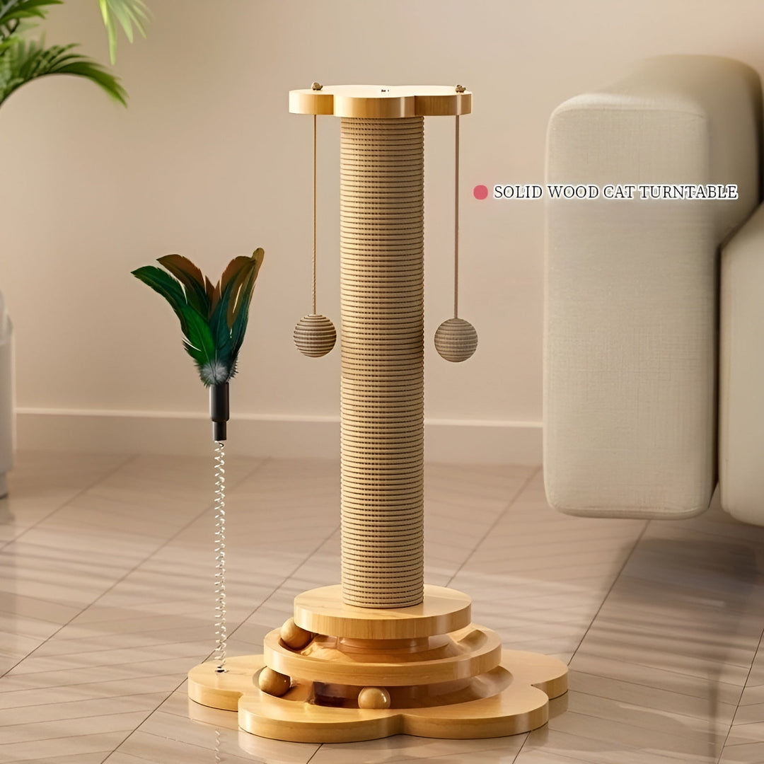 Enrich your cat's life with this 5-in-1 wooden interactive scratching post, a durable & fun pet toy.