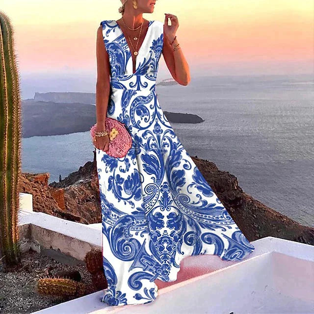 Flowy V-neck maxi holiday dress for women, elegant summer fashion for special occasions & party wear.
