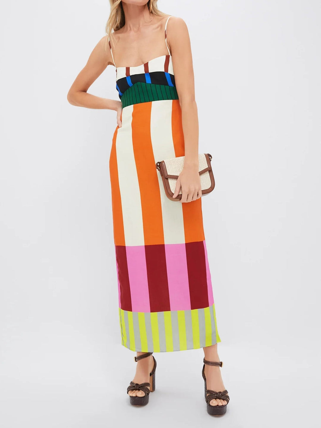 Vibrant multicolor women's maxi dress with a flowing design, perfect for summer casual wear or elegant occasions.