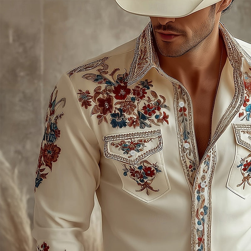 Beige men's embroidered western shirt, long sleeve, button-down, perfect for casual or cowboy style. Classic design.