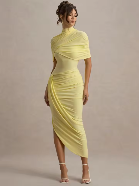 Women's elegant formal maxi dress with a unique asymmetric twisted cape. Perfect for parties.