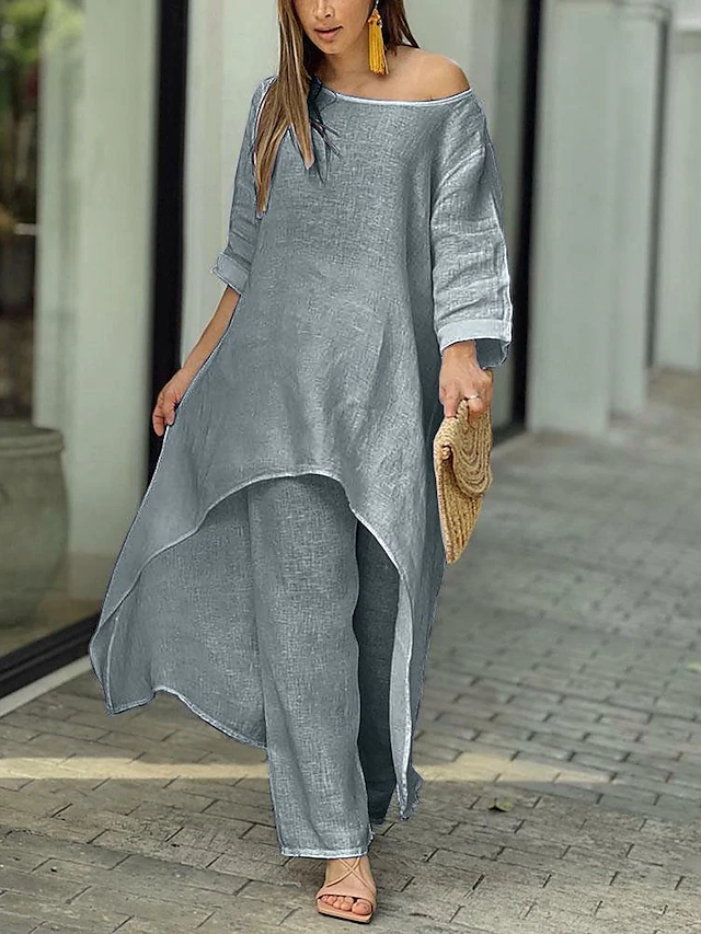 Versatile women's casual outfit: solid color long sleeve top & wide leg lounge pants set. Chic & comfortable.