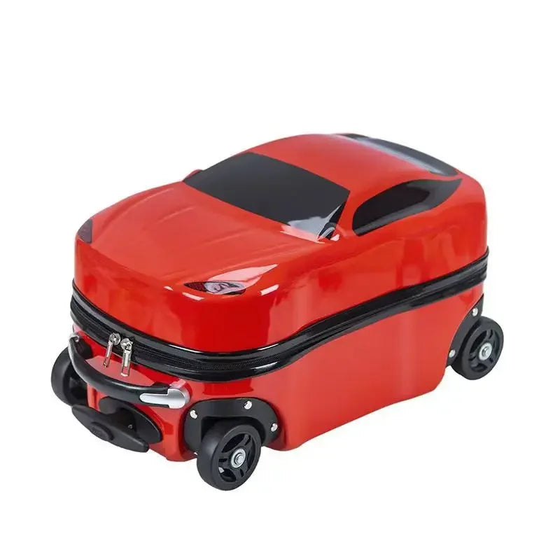 Yellow 3D car ride-on suitcase for kids. Hardshell children's luggage, perfect for travel carry-on.