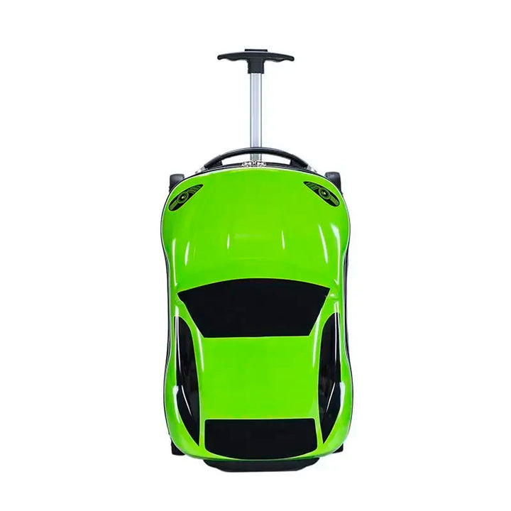 Green 3D design ride-on car suitcase. Hardshell carry-on luggage for kids' fun travel.