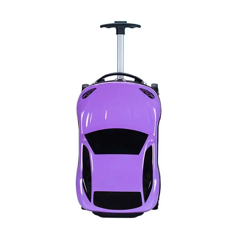 Purple hardshell ride-on car suitcase. 3D children's luggage, ideal carry-on travel gear.