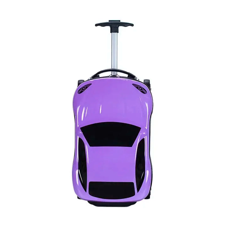 Purple hardshell ride-on car suitcase. 3D children's luggage, ideal carry-on travel gear.