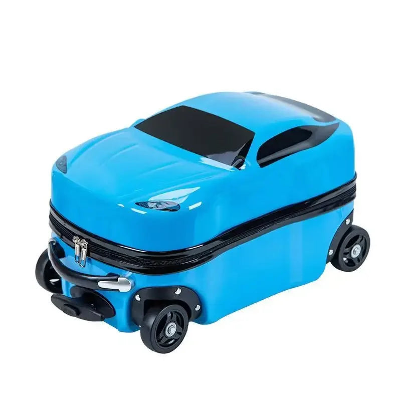Red car design ride-on luggage. Durable hardshell carry-on suitcase for kids' travel adventures.