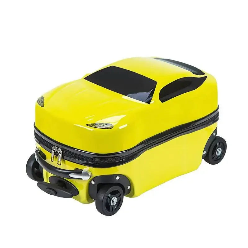 Blue 3D car children's ride-on suitcase. Hardshell travel gear, ideal kids carry-on luggage.