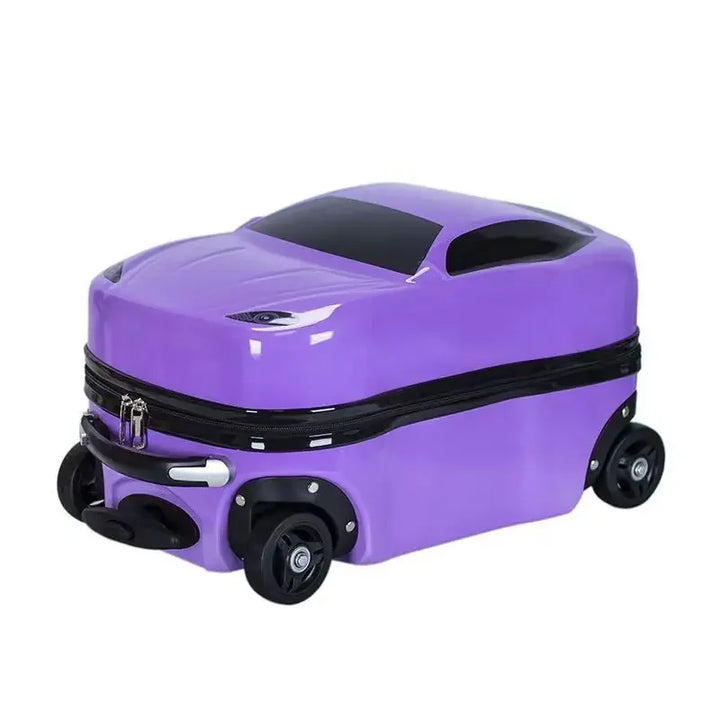 Green ride-on car suitcase, 3D design. Kids hardshell carry-on travel luggage for children.