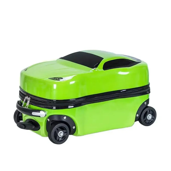 Purple hardshell ride-on car suitcase. 3D children's luggage, great kids travel carry-on gear.