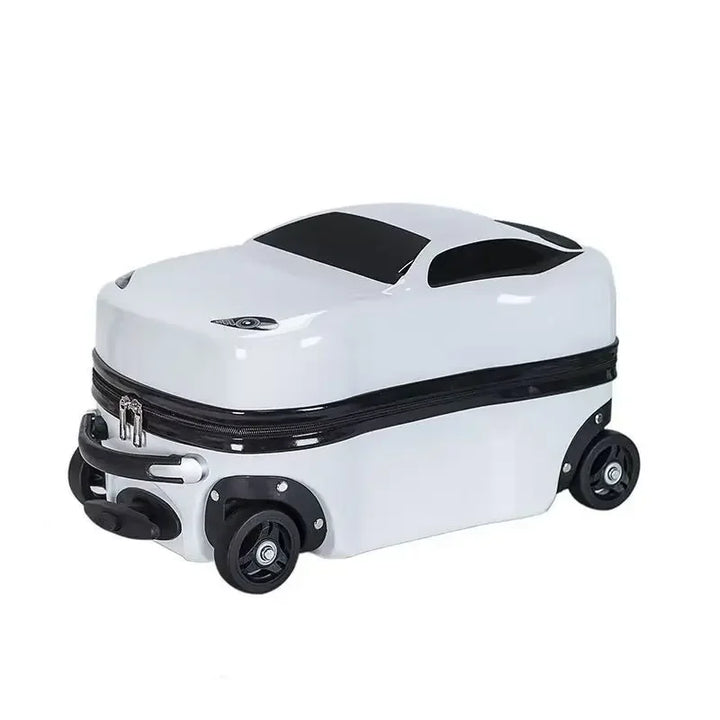 White 3D car ride-on luggage. Hardshell carry-on suitcase for children's travel, fun design.