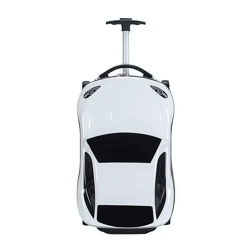 Children's yellow 3D car ride-on car suitcase. Hardshell carry-on travel luggage for kids.