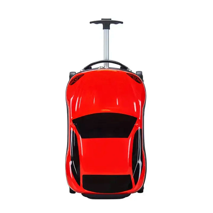 Kids red hardshell ride-on suitcase with car design. Durable carry-on travel gear for children.