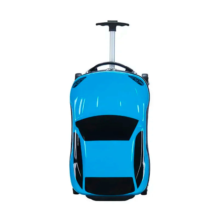 Blue 3D car ride-on children's luggage. Hardshell carry-on suitcase, perfect kids travel gear.