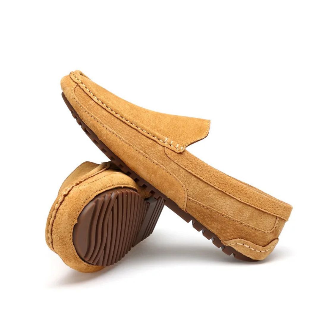 "Yellow suede orthopedic men's driving loafers, slip-on design with almond toe and flexible outsole for comfort and functiona