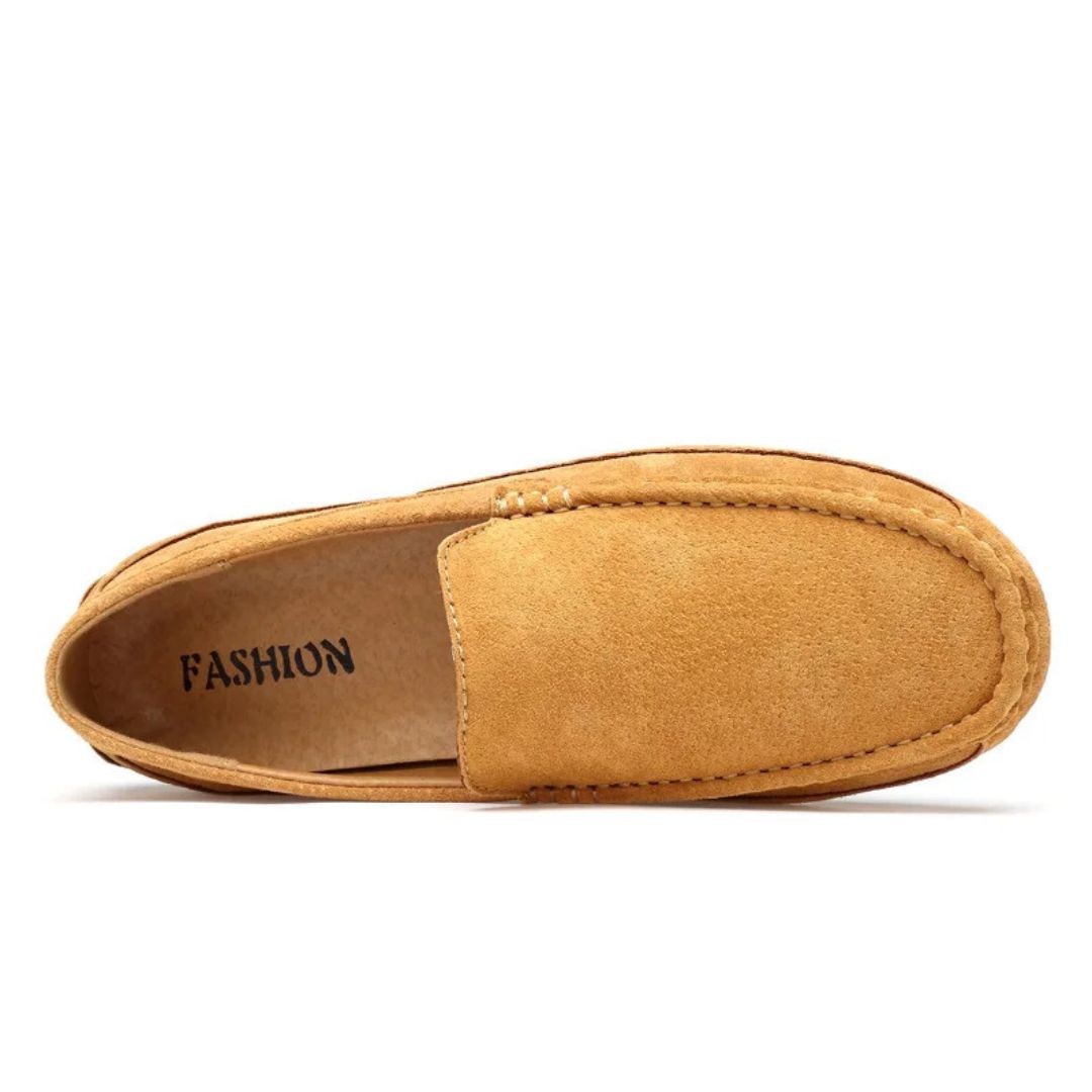 "Yellow suede orthopedic men's driving loafers, slip-on design with almond toe and flexible outsole for comfort and functiona