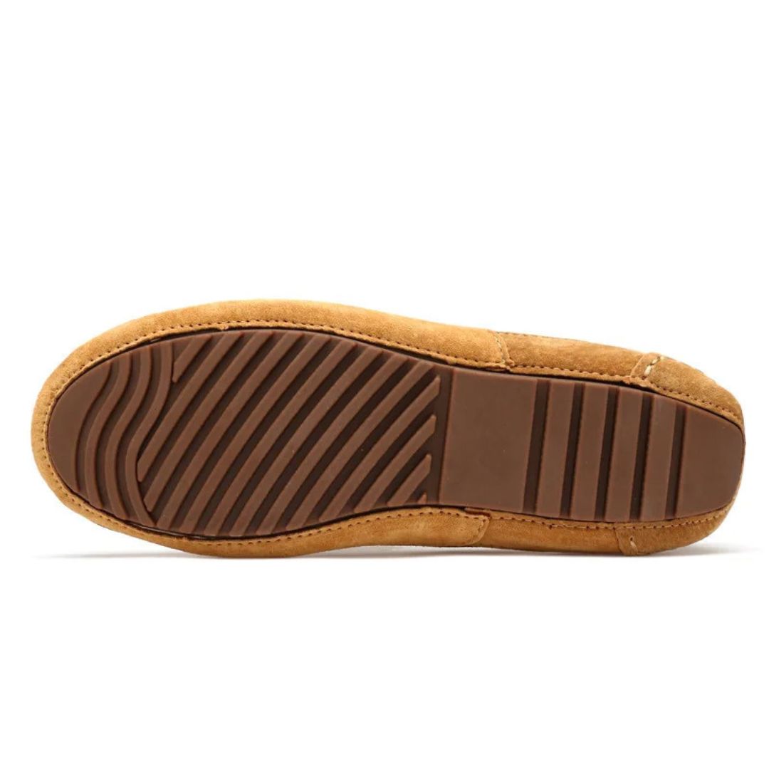 "Yellow suede orthopedic men's driving loafers, slip-on design with almond toe and flexible outsole for comfort and functiona