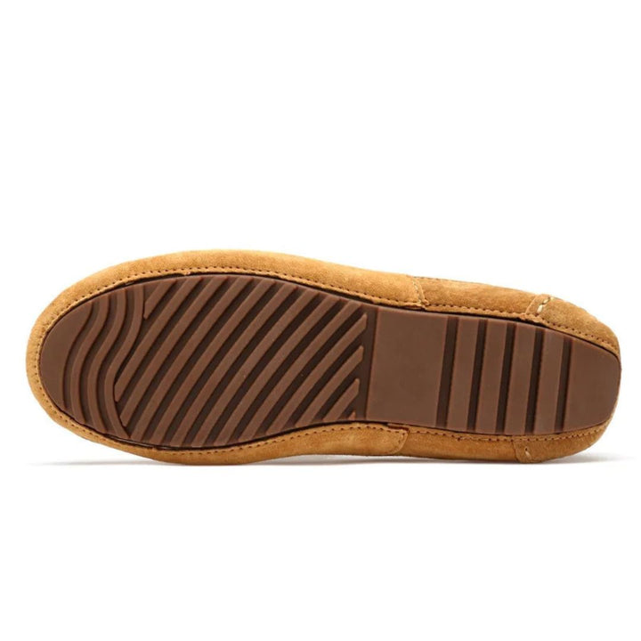 "Yellow suede orthopedic men's driving loafers, slip-on design with almond toe and flexible outsole for comfort and functiona