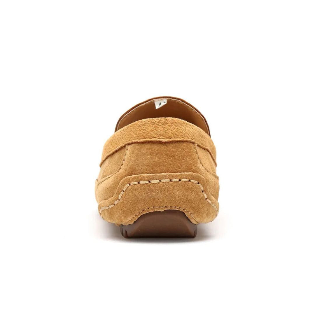 "Yellow suede orthopedic men's driving loafers, slip-on design with almond toe and flexible outsole for comfort and functiona