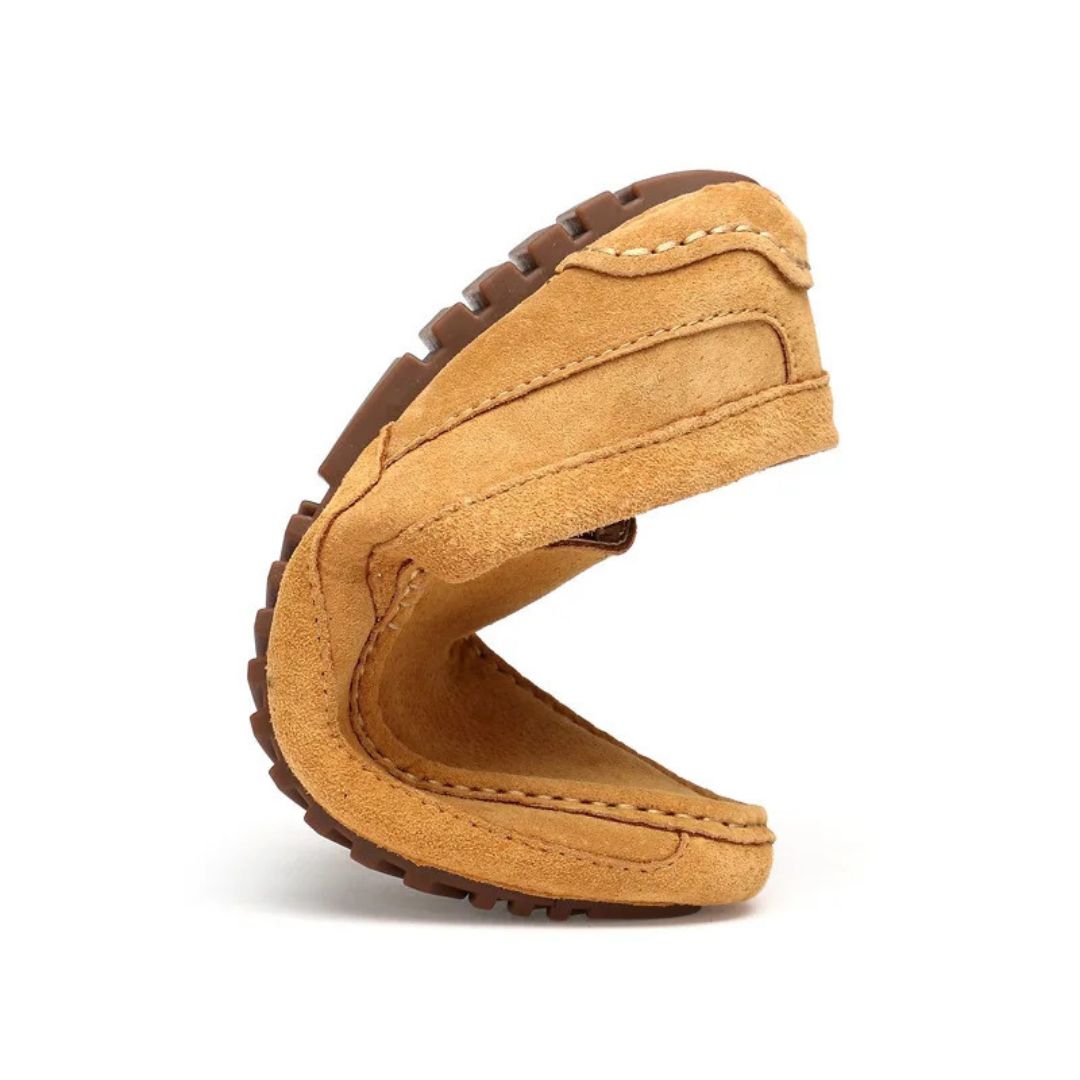 "Yellow suede orthopedic men's driving loafers, slip-on design with almond toe and flexible outsole for comfort and functiona