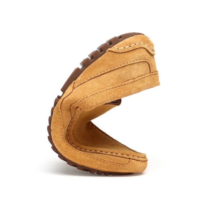 "Yellow suede orthopedic men's driving loafers, slip-on design with almond toe and flexible outsole for comfort and functiona