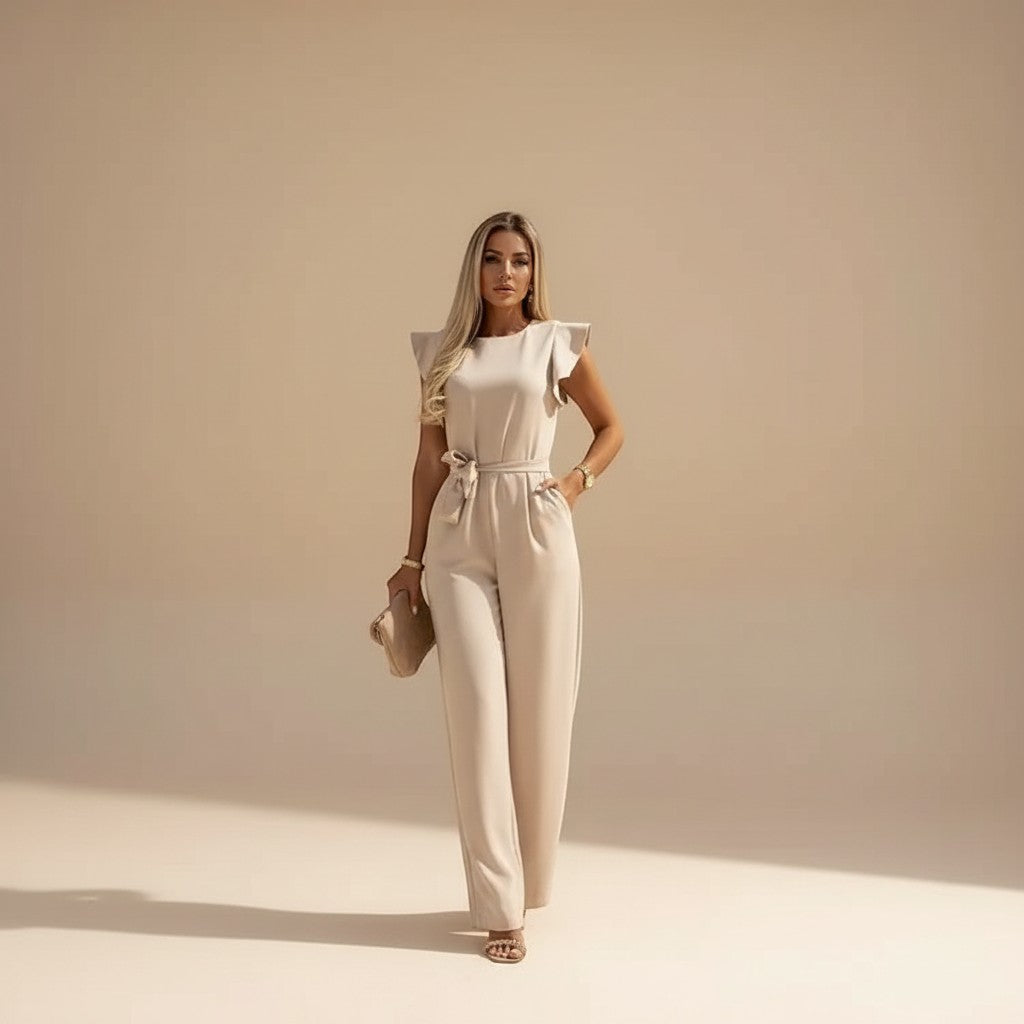 Elegant women's wide leg jumpsuit with flutter sleeves & waist tie. Perfect for formal occasions.