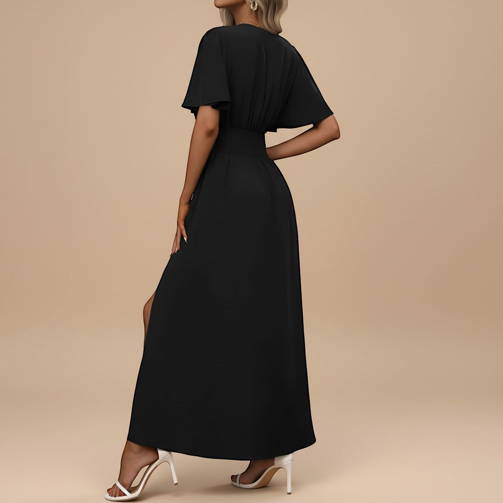 Elegant long maxi dress for women, featuring a V-neck, flutter sleeves, and a flattering defined waist.