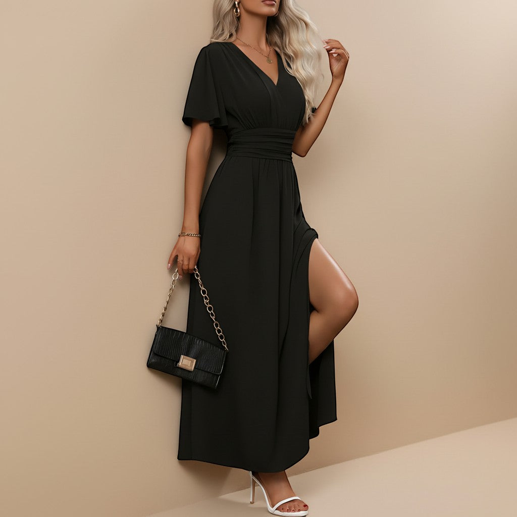 Beautiful women's V-neck maxi dress, perfect wedding guest attire with flutter sleeves & defined waist.