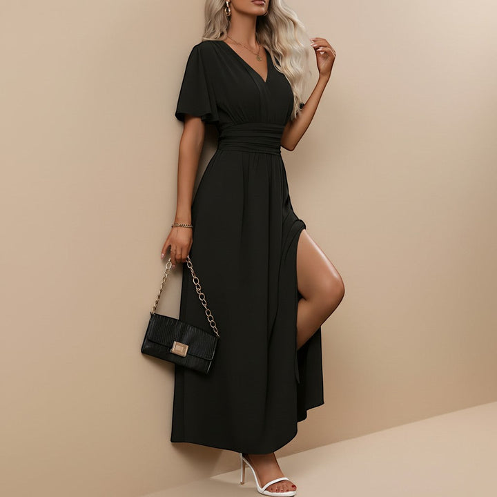 Beautiful women's V-neck maxi dress, perfect wedding guest attire with flutter sleeves & defined waist.