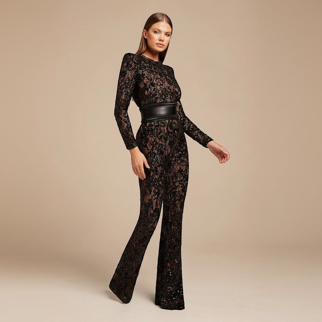 Dazzling women's sequin wide-leg jumpsuit, perfect for evening wear & special occasions.