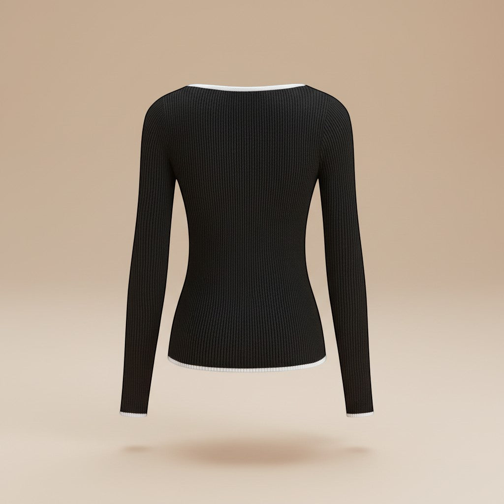 Soft ribbed long sleeve V-neck top for women, featuring a sharp contrast trim. Elevate your everyday style.