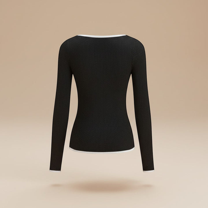 Soft ribbed long sleeve V-neck top for women, featuring a sharp contrast trim. Elevate your everyday style.