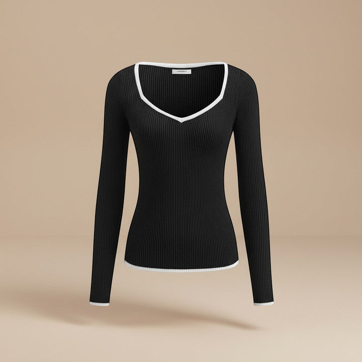 Modern women's ribbed V-neck full sleeve top with a fashionable contrasting trim, great for spring & fall.