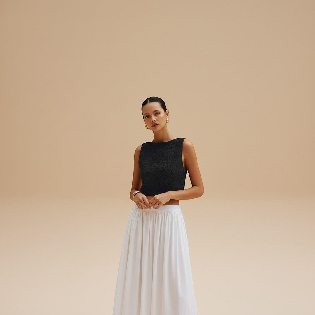 Everyday women's high neck crop top, sleeveless, textured for a modern casual style.