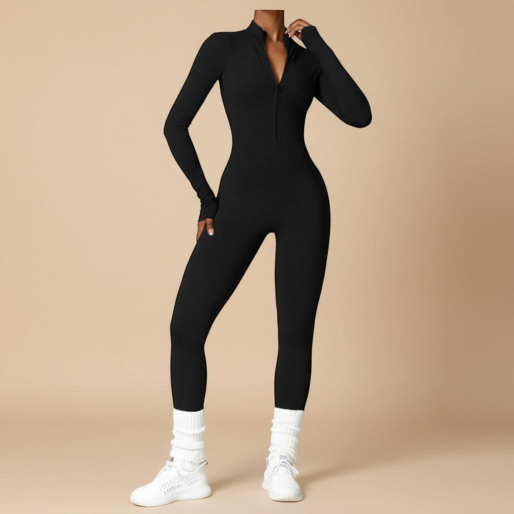 Rear view of a modern women's sculpting long sleeve jumpsuit, highlighting its sleek, full-length, and fitted design.