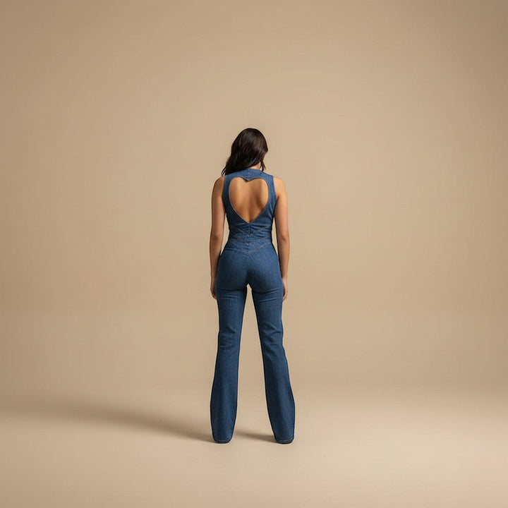 Eye-catching women's flared leg jumpsuit, elegant plunge halter design. Ideal for a statement look.