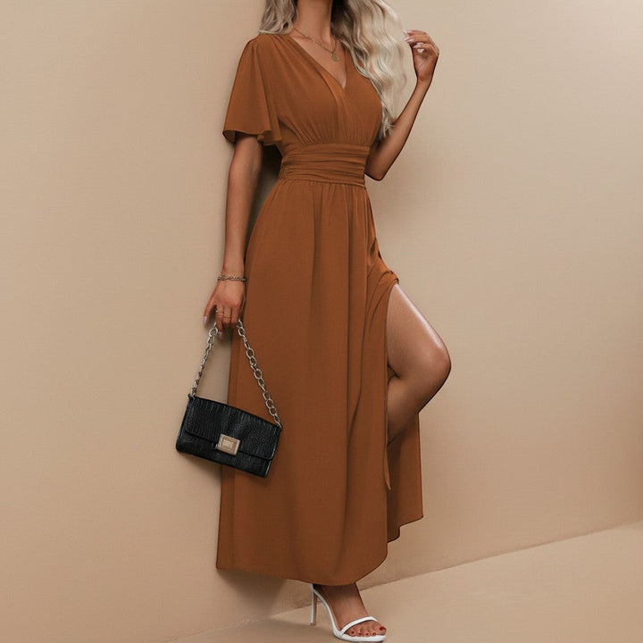 Chic women's V-neck maxi dress with flutter sleeves & defined waist, perfect for formal or evening events.