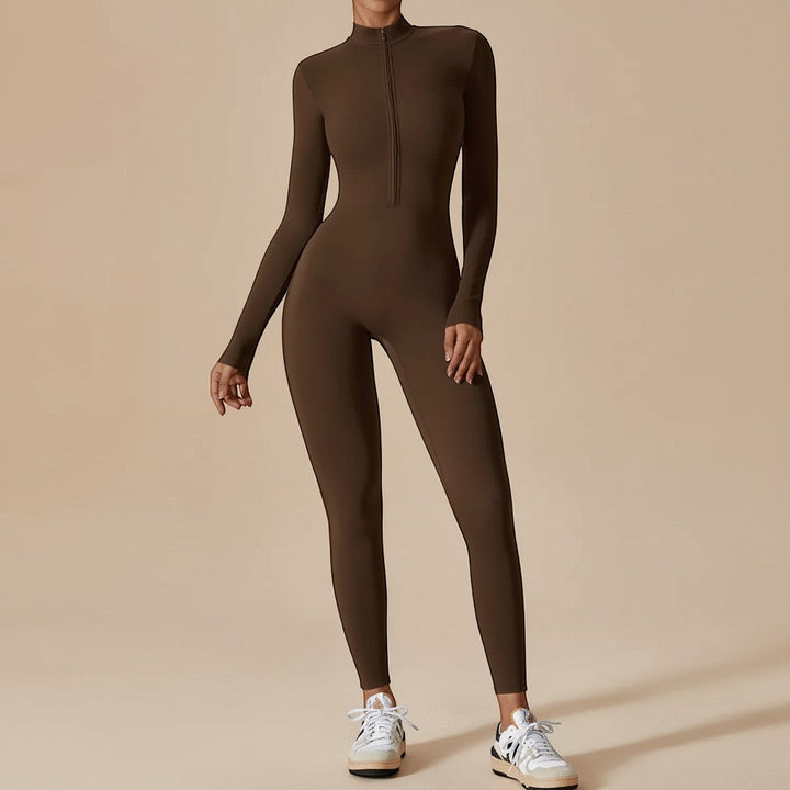 Casual yet sleek women's sculpting long sleeve jumpsuit, a comfortable one-piece with a zip front for everyday style.