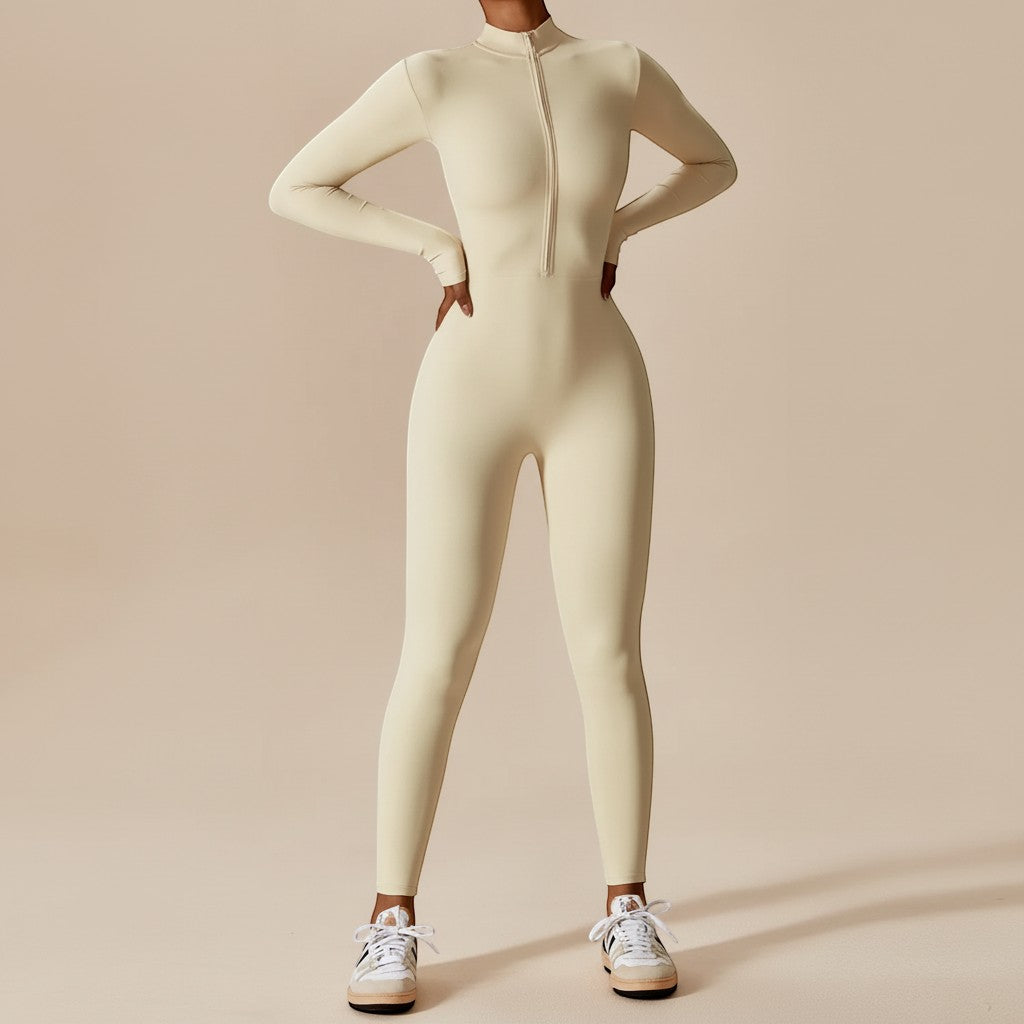 Versatile women's sculpting long sleeve jumpsuit, a modern one-piece with zip front for casual or dressed-up style.