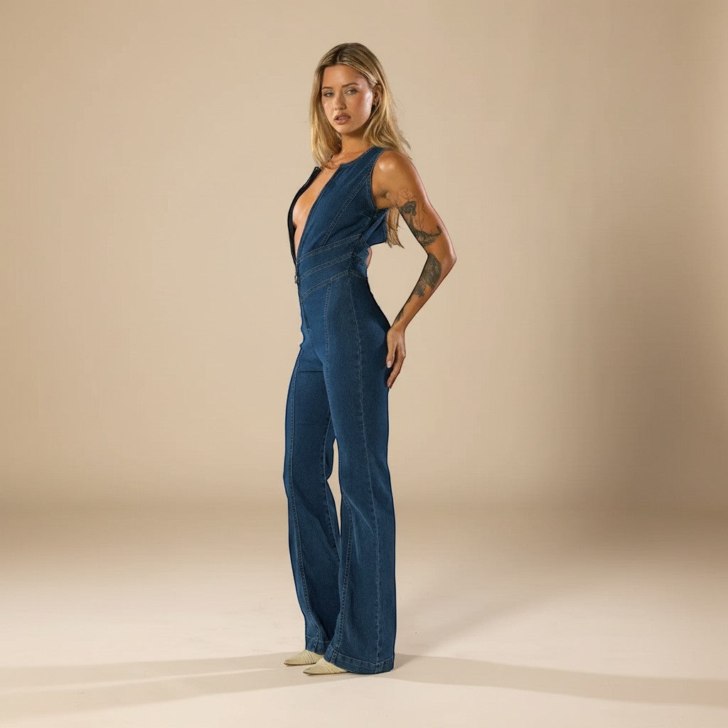 Fashion-forward women's one-piece: plunge neck halter jumpsuit with a comfortable, stylish flared leg.