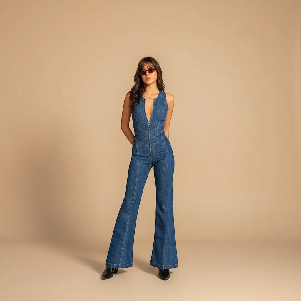 Women's retro chic jumpsuit, plunge halter top, fitted waist, and graceful flared trousers.