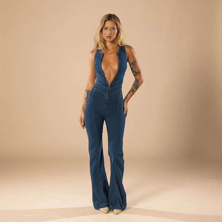 Women's elegant plunge neck halter jumpsuit with flared legs. Perfect for evening & party wear.