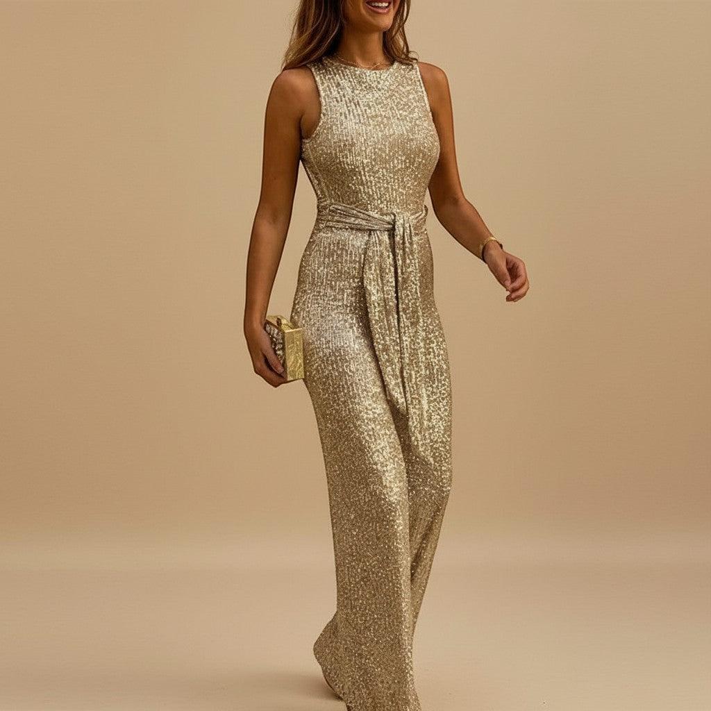 Glamorous women's sleeveless sequin wide-leg jumpsuit with waist tie, perfect for evening parties & special occasions.