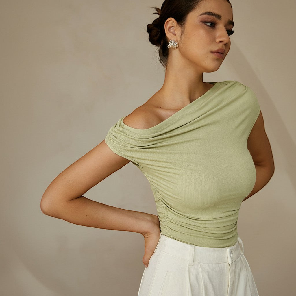 Sleek women's party top: asymmetrical one shoulder, ruched detailing, perfect for elegant evenings.