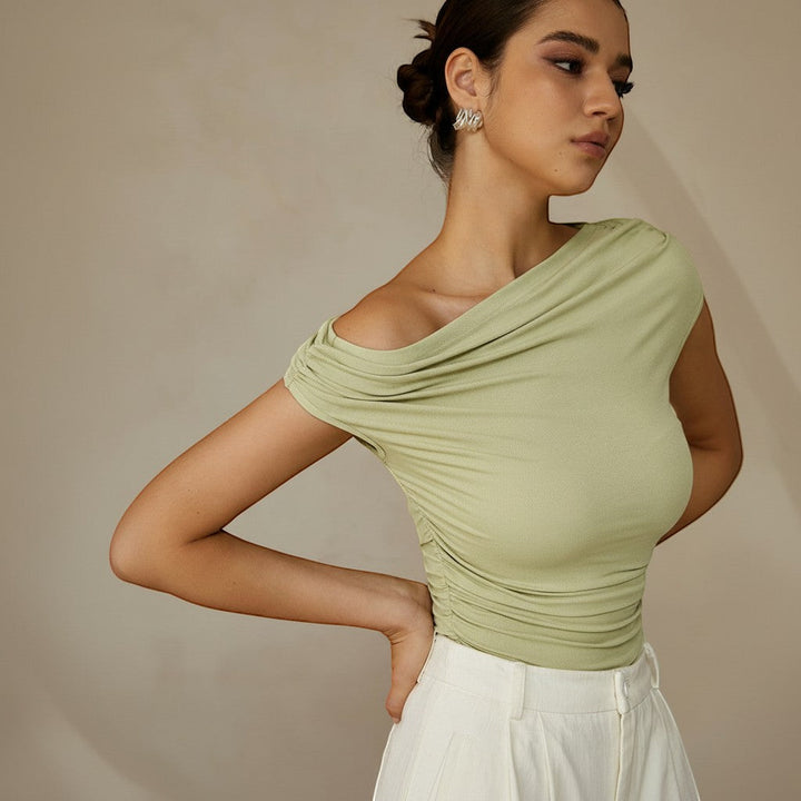 Sleek women's party top: asymmetrical one shoulder, ruched detailing, perfect for elegant evenings.